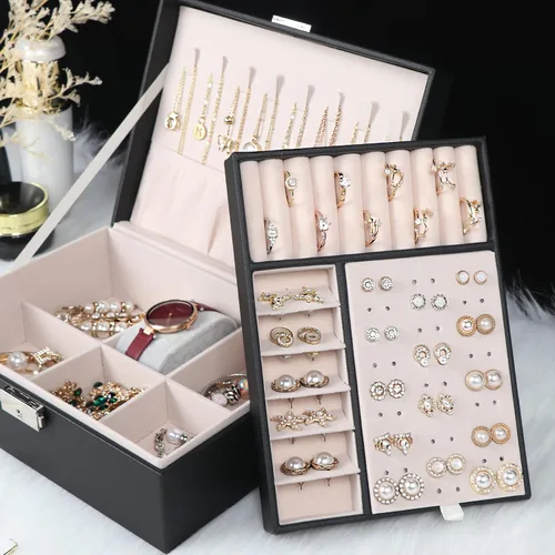 Miniatura 20 de Joyero para mujeres y niñas, contenedor organizador de joyas de 2 capas con cerradura, estuche de almacenamiento de piel sintética con bandeja