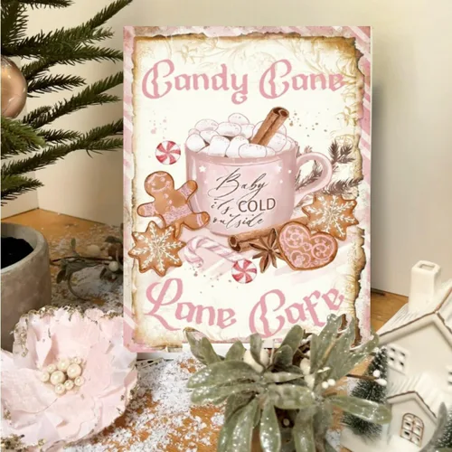 Cartel de metal con letrero de lata de caramelo rosa, impresión de chocolate caliente, decoración navideña del hogar, Navidad, estación de chocolate