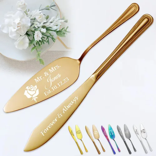 Miniatura 10 de Juego personalizado de corte de pasteles para boda, servidor de pastel de boda grabado gratis, cuchillo de pastel de acero inoxidable y juego
