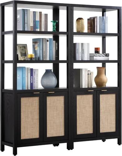 Miniatura 15 de Estantería SICOTAS de 5 niveles, estante de libros de ratán estilo bohemio de 71" de altura con puertas, estantes de almacenamiento, estanterías
