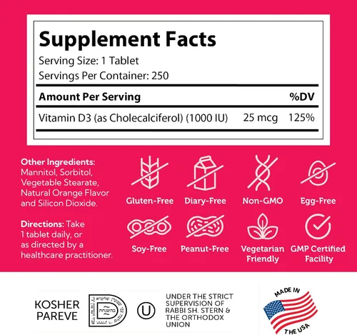 Miniatura 5 de Zahler Junior D3 Chewable 1000IU, gran sabor Chewable Vitamina D para niños, Vitamina D3 1000 IU para los niños, Certified Kosher, 250 tabletas