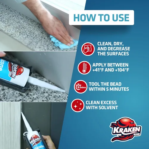 Miniatura 6 de Kraken Bond Sellador de silicona gris resistente al agua Cartucho de 100 a 10 onzas líquidas – RTV silicona calafateo para cocina y baño, todo uso