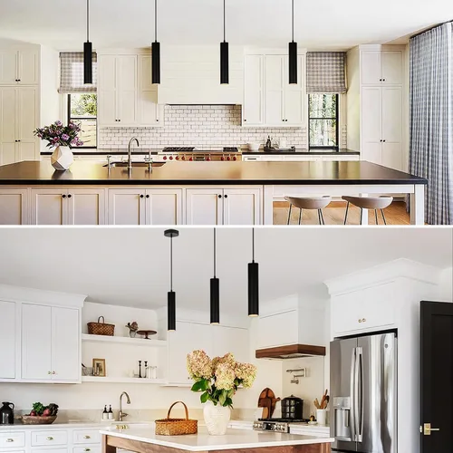 Miniatura 5 de Paquete de 2 luces colgantes modernas negras, lámpara colgante minimalista LED para isla de cocina, cable de luz colgante de tubo largo ajustable
