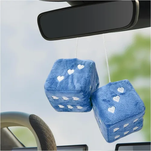 Miniatura 11 de 1 par de dados de felpa mullidos para espejo de automóvil, dados cuadrados retro de 3 pulgadas con forma de corazón, adorno colgante de dados retro