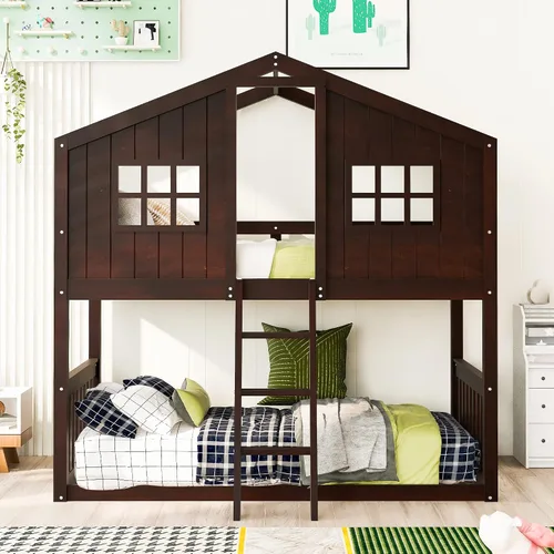 Miniatura 3 de JIVOIT Litera de casa, litera de tamaño individual sobre individual con escalera, litera de madera con barandillas en forma de techo, ventana