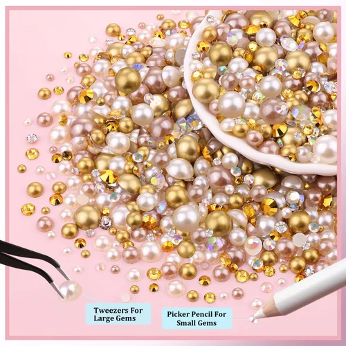 Miniatura 2 de 80g de perlas planas y diamantes de imitación para hacer brillar, color beige, oro, marrón, tamaño mixto de 3-10mm, diamantes de imitación de resina