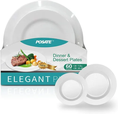 Platos de plástico desechables, 60 paquetes Blanco