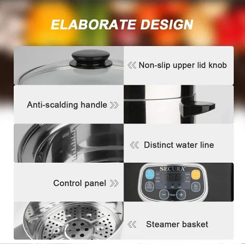 Miniatura 3 de Secura Vaporizador eléctrico de alimentos, cestas apilables de doble nivel con temporizador, 1200 W, calentamiento rápido, acero inoxidable