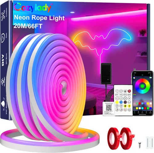 Cozylady 66 pies (33 pies * 2 rollos) luces de cuerda LED RGB de neón para dormitorio, lámpara de tira LED de 20 m con cinta adhesiva de doble cara,