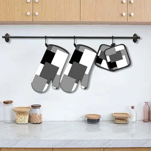 Miniatura 2 de MCALK Juego de 5 piezas de manoplas de horno geométricas grises y agarraderas, guantes de horno grises y almohadillas térmicas para cocinar