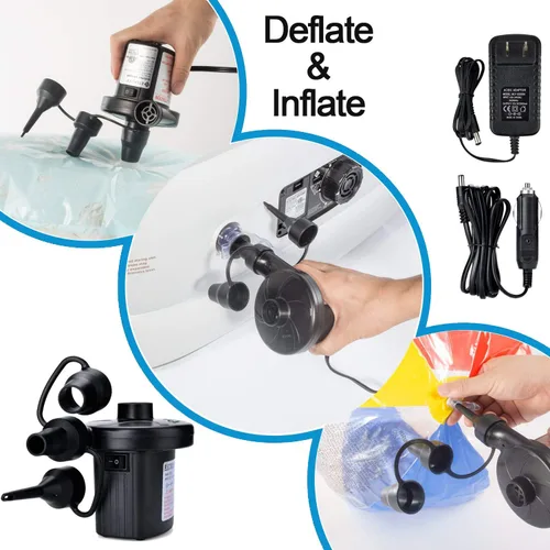 Miniatura 4 de Bomba de aire eléctrica, bomba de aire portátil de llenado rápido con 3 boquillas, 110 V CA/12 V CC bombas infladoras/deflactoras para colchón