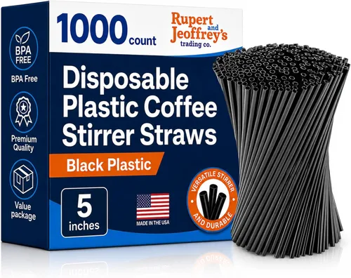 Pajita Agitadora de Café de Plástico Desechable - Palito Agitador de Sorber de 5 Pulgadas (Negro, 1,000 unidades)