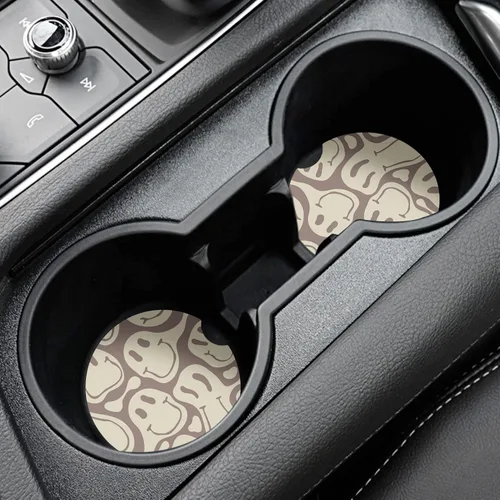 Miniatura 2 de Posavasos para automóvil, morado sonriente, absorbentes, paquete de 2 para portavasos con muesca para los dedos, cerámica de 2.56 pulgadas