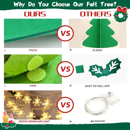 Miniatura 5 de EMPOF Árbol de Navidad de fieltro para niños pequeños - Juego de árbol de fieltro de bricolaje de 1 m con luces de copos de nieve + 32 adornos, Luz