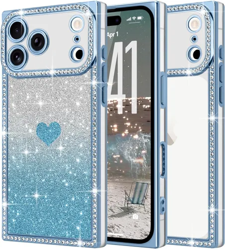 Miniatura 52 de Funda para iPhone 13, funda de diamantes de imitación de lujo con patrón de corazón de amor de cristal [papel con purpurina extraíble], parachoques