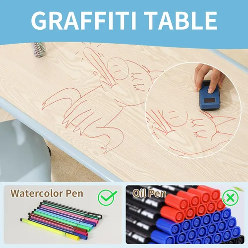 Miniatura 4 de Hulaibit - Juego de mesa y 2 sillas para niños, mesa de altura ajustable para niños pequeños con cubiertas antideslizantes para los pies, mesa