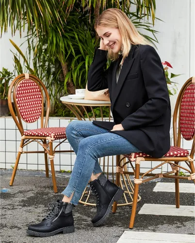 Miniatura 2 de starmerx Botas de combate con cordones para mujer botines de tacón bajo cómodos botines con cremallera lateral