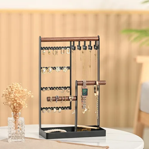 Miniatura 4 de MetWoods Organizador de joyas con bandeja, organizador de joyas de 5 niveles, organizador de aretes con 48 agujeros, 10 ganchos, soporte