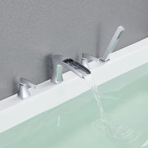 Miniatura 4 de Llenador de bañera romana cascada grifo de bañera cromado, grifos de baño de latón de 4 agujeros con ducha de mano