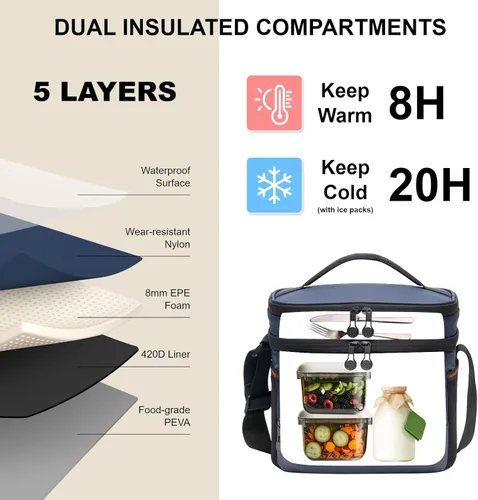 Miniatura 3 de EVERFUN Insulated Lunch Bag Soft Lunch Box for Men Dual Compartments Small Lunch Box Collapsible Waterproof Leak-Proof for Work