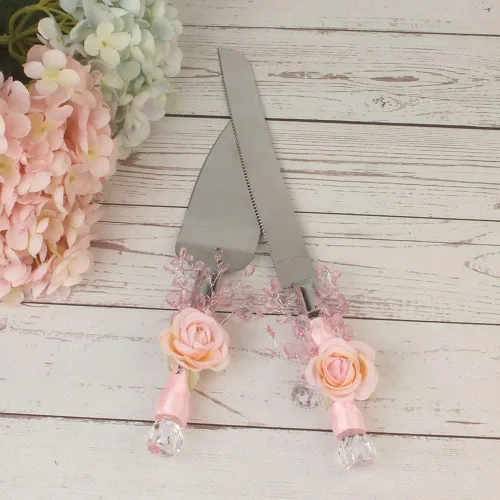 Miniatura 3 de Juego de 2 piezas de pala para tartas serie rosa, accesorio para sitios de boda, cuchillo de pan, suministros de boda occidental, acero inoxidable