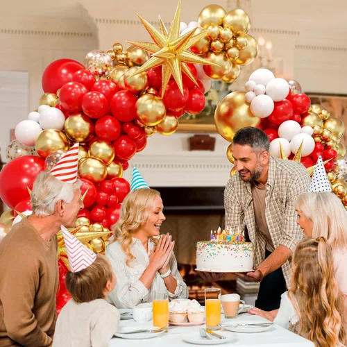 Miniatura 7 de Kit de arco de globos rojos y dorados, globos rojos y dorados con globos de aluminio de 22 pulgadas, globos de látex blanco con confeti dorado