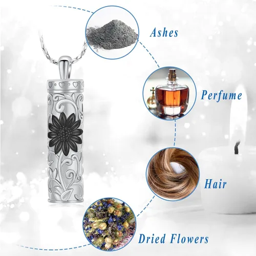 Miniatura 39 de Collar de urna de girasol para cenizas, collar de barra cilíndrica para cenizas para mujer, colgante de recuerdo para cenizas, joyería de cremación