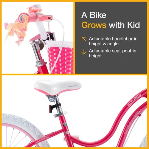 Miniatura 8 de Royalbaby Stargirl Bicicleta infantil de aventura al aire libre con soporte, asiento ajustable y cesta, 18 pulgadas, rosa [3] Rojo coral