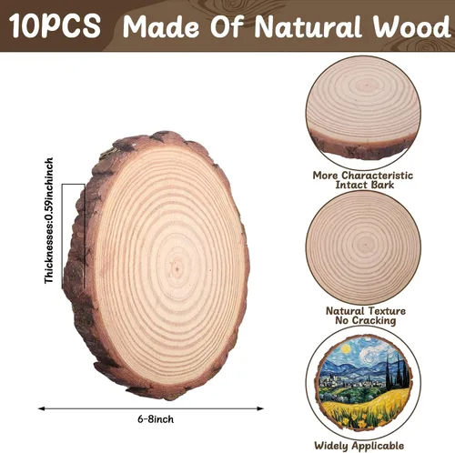 Miniatura 2 de 10 piezas de rebanadas de madera sin terminar de 6 a 8 pulgadas para centros de mesa, redondas de madera natural para manualidades, decoración