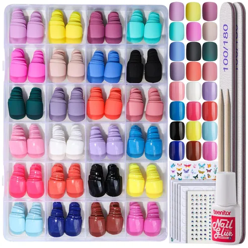 Miniatura 9 de Teenitor 24 paquetes de uñas postizas cortas a presión, 576 piezas de uñas postizas redondas a presión, uñas postizas cortas mate y brillantes