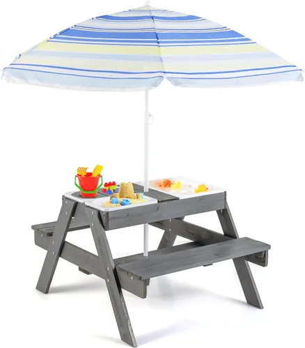Miniatura 10 de KOTEK Mesa de picnic para niños, mesa de arena y agua 3 en 1 con mesa desmontable, 2 cajas de juego extraíbles, paraguas plegable y ajustable en Azul