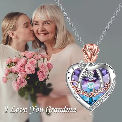 Miniatura 2 de POPKIMI - Joyería de plata esterlina 925 para mujer, collar con pendiente de flor y corazón de cristal, para cumpleaños, regalos para mamá, abuela