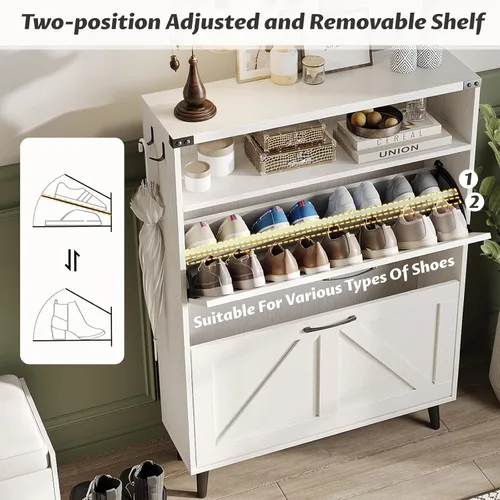 Miniatura 3 de Halitaa - Gabinete para zapatos con 2 cajones abatibles y almacenamiento abierto, gabinete de almacenamiento de zapatos estilo granja para entrada
