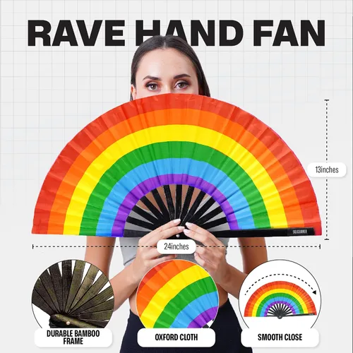 Miniatura 95 de SoJourner Bags Rave Fan – Ventilador plegable grande – Ventilador de mano Clack para raves, Halloween, Burlesque, trajes de arcoíris para mujeres