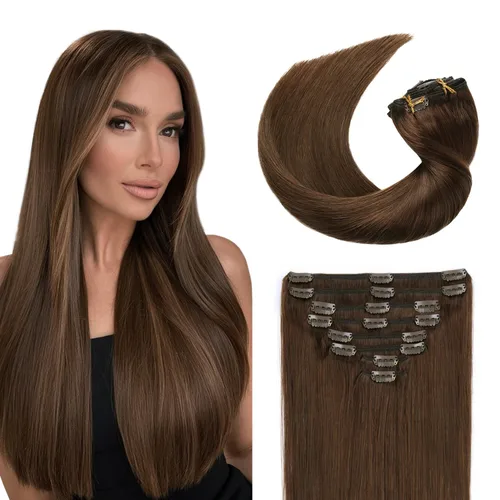 Miniatura 21 de Sunya Extensiones de cabello humano real con clip, color negro azabache, doble trama, lacio, 12 pulgadas, #1, 8 unidades, 3.53 oz