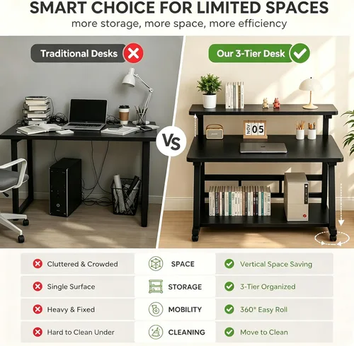Miniatura 4 de Escritorio compacto de 31.5 pulgadas para computadora con mesa de trabajo de niveles y ruedas con bloqueo, escritorio pequeño para dormitorio