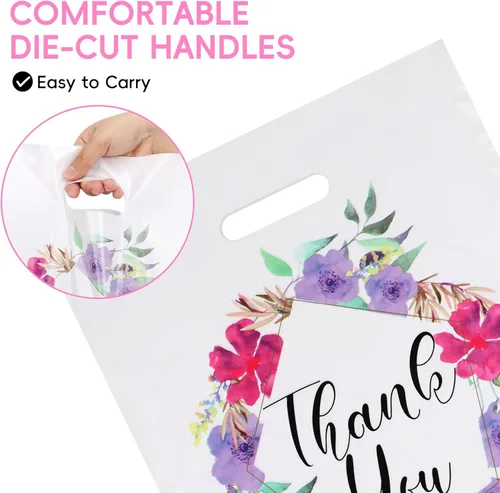 Miniatura 4 de Bolsas de regalo de agradecimiento de plástico floral a granel, bolsas de compras al por menor de 12 x 15 pulgadas con asas troqueladas, paquete