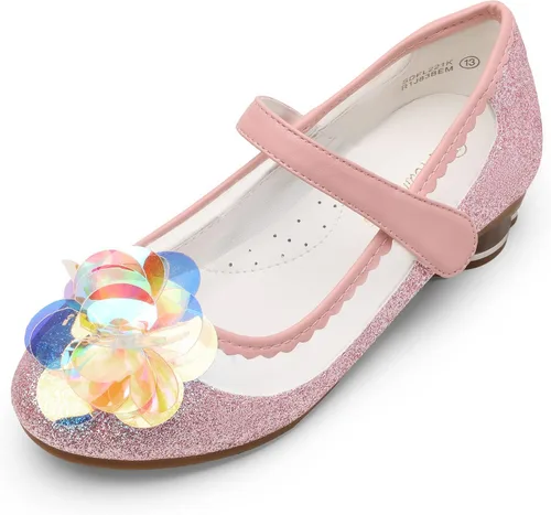 DREAM PAIRS Zapatos de vestir para niñas con purpurina para boda, fiesta, flores, princesa, zapatos de tacón bajo