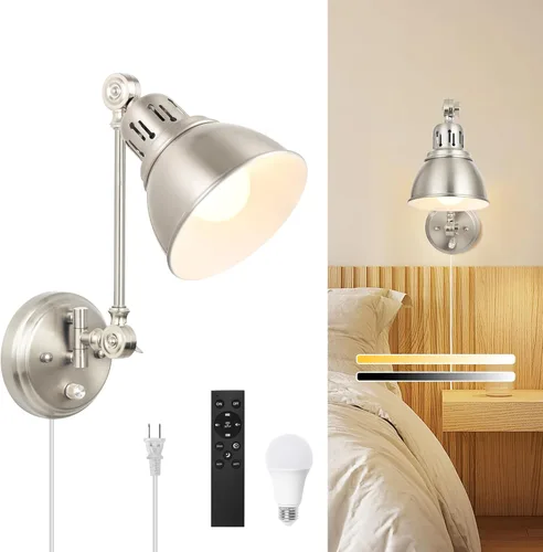 Miniatura 11 de GOODATE ENCOMLI - Juego de 2 apliques de pared enchufables con interruptor de encendido y apagado regulable, lámpara de pared con brazo oscilante