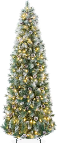 Best Choice Products - Árbol de Navidad delgado tipo lápiz preiluminado de 7.5 pies, decoración de árbol festivo de pino escocés escarchado, árbol