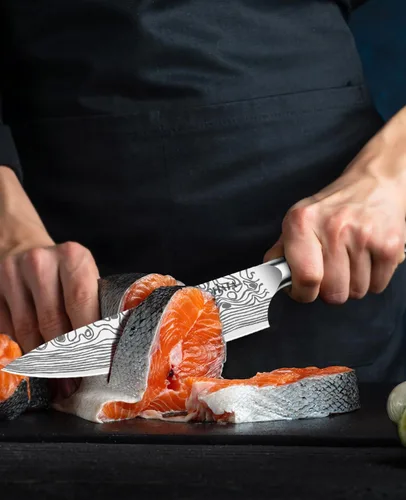 Miniatura 8 de MOSFiATA - Cuchillo de chef profesional súper afilado de 8 pulgadas con protector de dedos y sacapuntas, acero inoxidable alemán de alto carbono