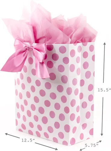 Miniatura 3 de Hallmark Bolsa de regalo extra grande de 15 pulgadas con papel de seda (lunares rosas y lazo) para cumpleaños, Pascua, baby showers, despedidas