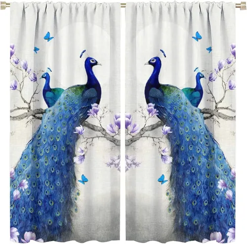 Miniatura 39 de Cortina opaca con estampado de pavo real, con estampado de animales retro, con bolsillo para cortinero y flores de peonía doradas, para dormitorio