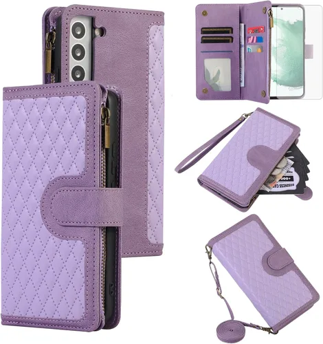 Asuwish Funda de teléfono para Samsung Galaxy S22 5G Funda tipo cartera con protector de pantalla de vidrio templado y correa cruzada para la muñeca