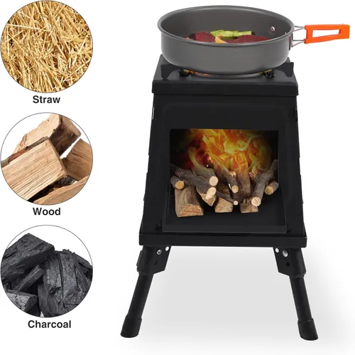 Miniatura 6 de Estufa de Campamento de Quema de Madera Lineslife, Estufa de Camping de Hierro Fundido Portátil, Estufa de Leña Negra con Estuche de Transporte