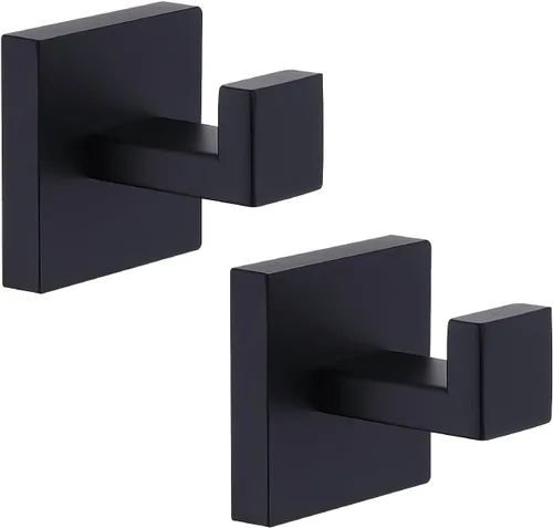 TASTOS Ganchos para toallas de baño, color negro mate, paquete de 2 ganchos de acero inoxidable para bata y ropa, gancho de pared resistente para