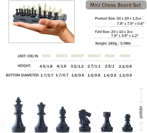 Miniatura 5 de Mini juego de ajedrez magnético de viaje de 6.5 pulgadas, juego de mesa de ajedrez plegable, juguetes educativos/regalo para adultos y niños