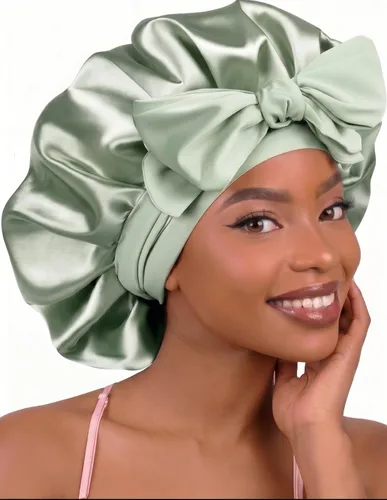 Miniatura 15 de Gorro de satén de seda con banda de amarre para dormir, para mujeres de cabello rizado: gorro de noche para cabello liso, ondulado, ensortijado, Rosa