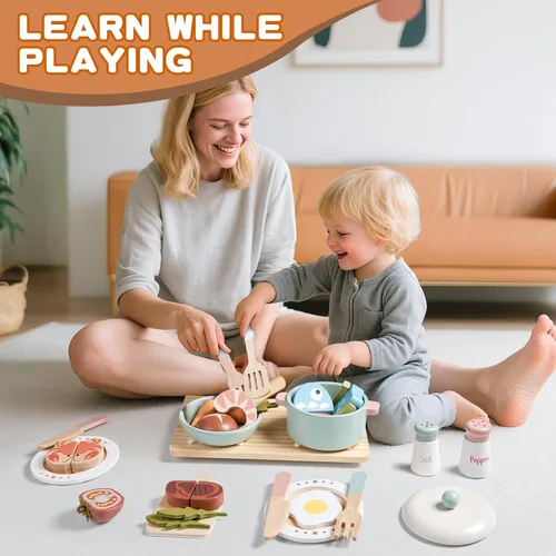 Miniatura 5 de Accesorios de cocina de juguete de madera, juegos de ollas y sartenes de simulación para juego de cocina de niños con estufa de juguete
