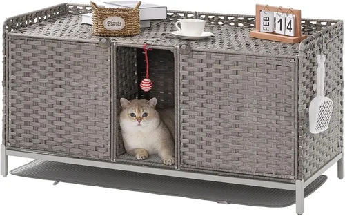 Miniatura 7 de SETVSON Mueble Caja de Arena para Gatos, Caja de Arena Oculta de Ratán Tejido a Mano con Alfombrilla, Casa Grande para Gatos con Patas Elevadas